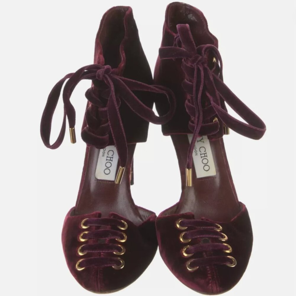 JIMMY CHOO MARI Burgundy Wine Velvet Lace-Up Pumps- SZ IT 36.5 - Picture 3 of 10